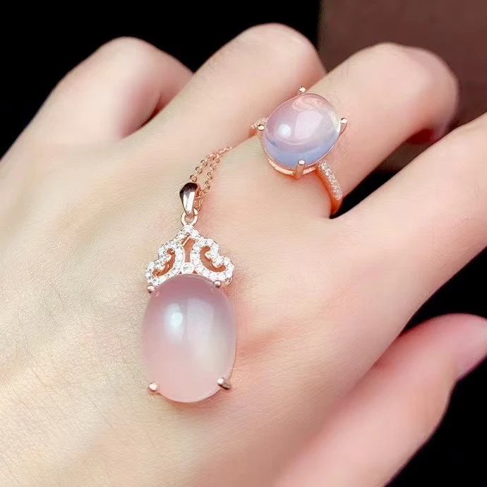 KJJEAXCMY Fine Jewelry 925 Sterling Silver Inlaid Natural Rose Quartz Women Lovely Classic Oval Gem Pendant Ring Set Support Det