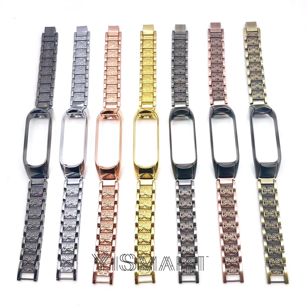 Mi Band 5 6 Strap Stainless Steel Band for Xiaomi Band 6 Strap Luxury Retro Carving Metal Watch Straps Wristbands