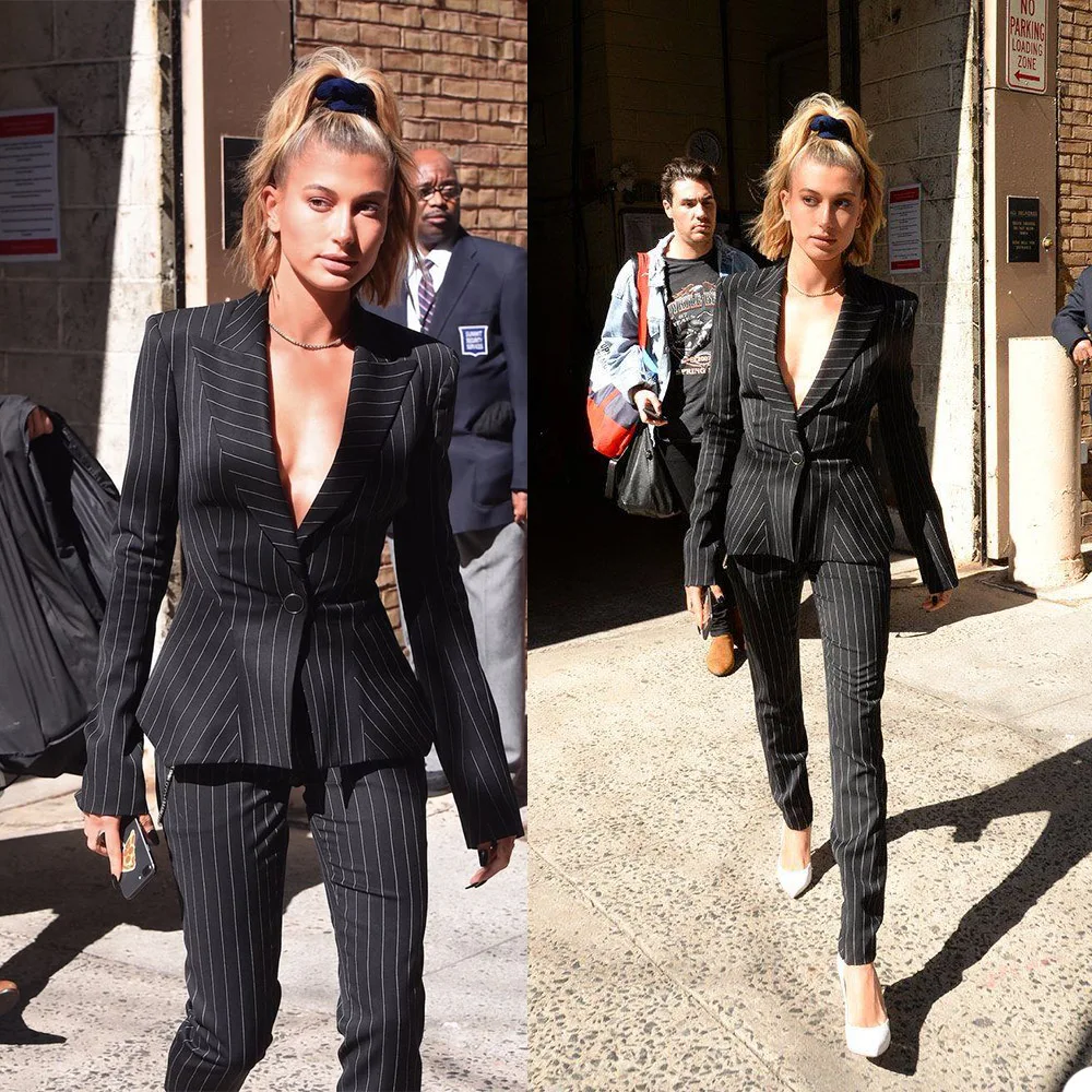 New Design Striped Solid Black White 2Pieces Woman Suit Streetwear Notched Collar Catwalk 2021 Party Jacket Pant Female