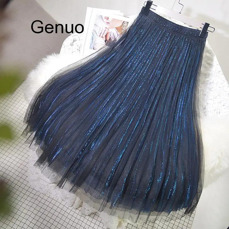 Spring New Fairy Mesh Pleated Skirt With Bright Silk Yarn High Waist Fluffy Pleated Skirt 13 Colors Available