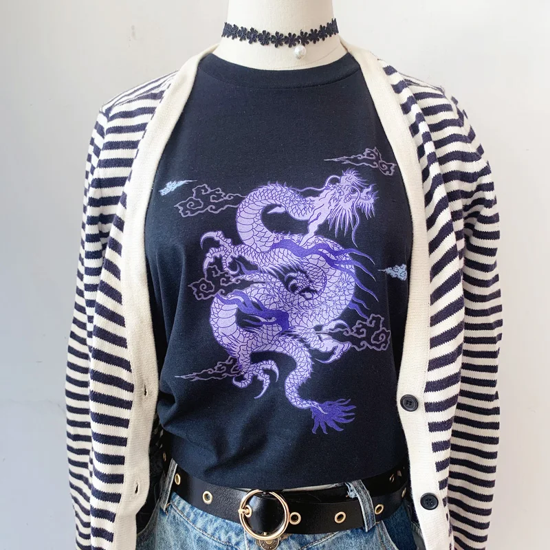 Chinese Style Harajuku vintage Purple dragon women T-shirt short sleeve Tees Tumblr clothes vegan Cotton gothic punk shirt