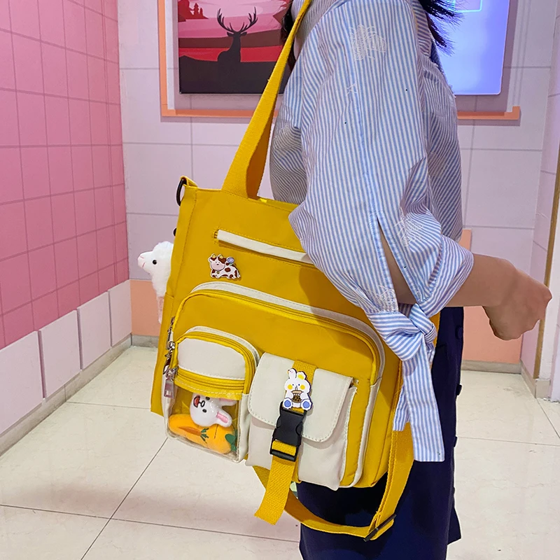 Ins Canvas Bag Large Capacity Messenger Bag Female Multi-pocket Korean Harajuku Ulzzang Wild College Student Class Bag