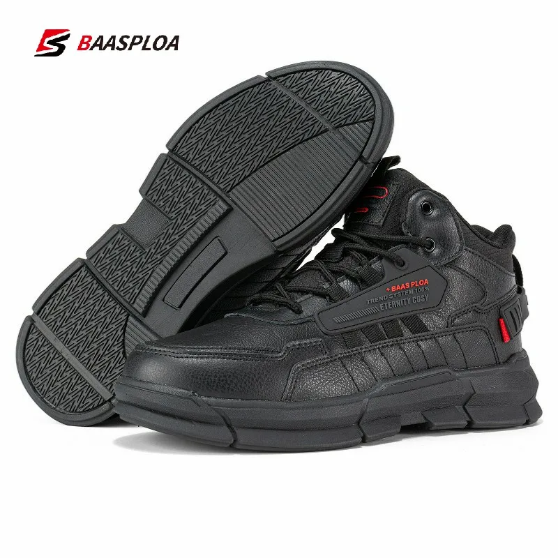 Baasploa Men Winter Cotton-padd Shoes Warm Walking Shoes Leather Comfortable Waterproof Outdoor Sneakers Non-Slip Wear-Resistant