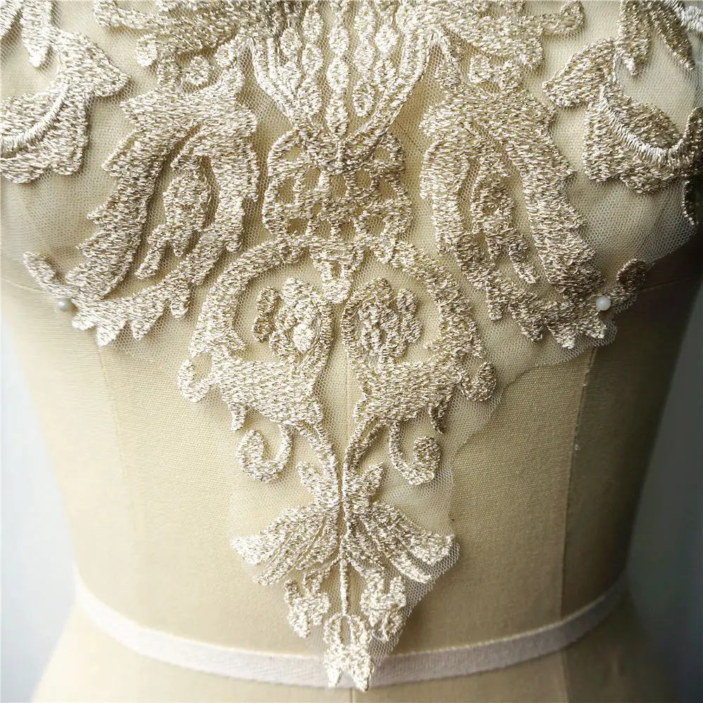 Gold Thread Lace Fabric Flora Embroidered Wedding Gown Appliques Baroque Collar Sew Patch For Dress DIY Decoration
