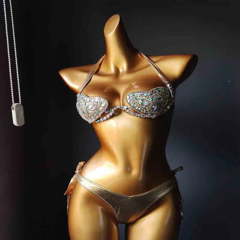 

Dancer Rhinestones Bikini Pole Dancing Costume Sexy Crystals Stones Bra Shorts Outfit Women Models Catwalk Party Show Stage Wear