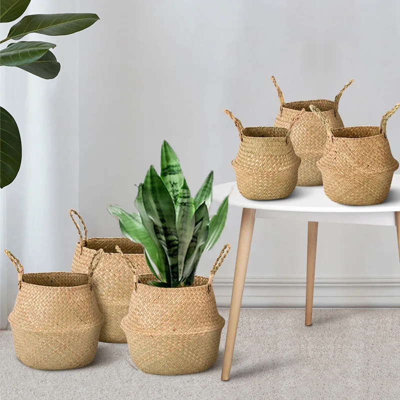 Rattan Wicker Basket Decor Floor Flower Pot Straw Laundry Basket Wicker Garden Seagrass Plant Pot Dirty Clothes Storage Basket