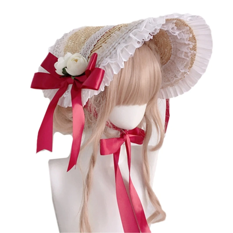 Women Flower Straw Hat with Chin Strap Ruffle Lace Hats Tea Party