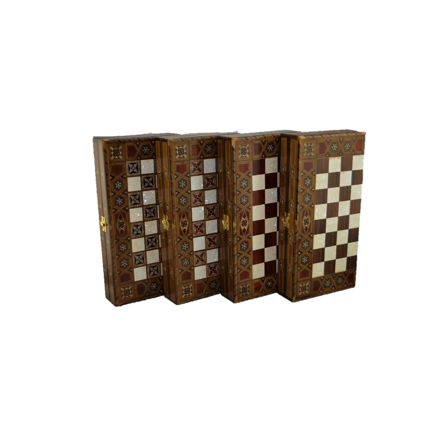 Vintage Game Set Handmade Motif Natural Solid Wooden Backgammon, Chess Board, checkers Sets for Adults Medium Size Mosaic Style