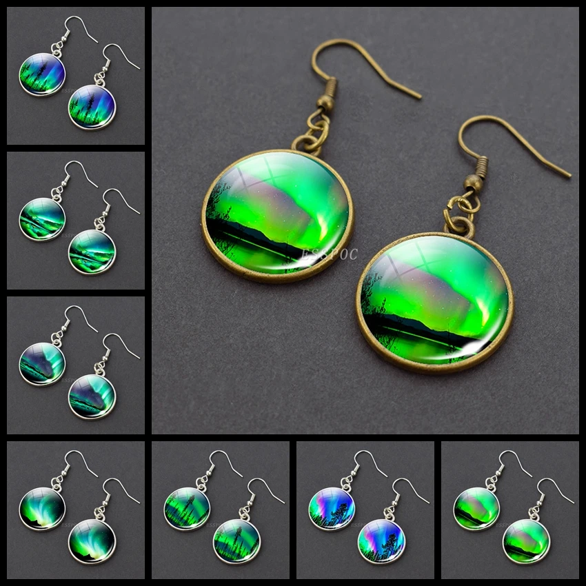 Northern Lights Art Glass Cabochon Circle Drop Dangle Earrings Copper Alloy Earings Women Jewelry Accessories