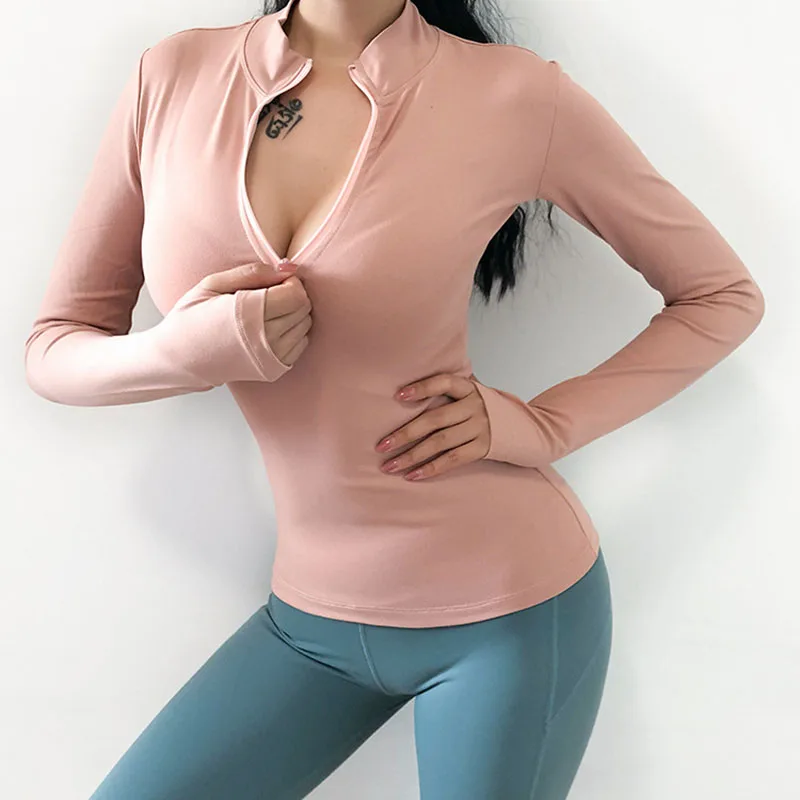 SVOKOR Zipper Women Long Sleeve Running Shirts Sexy T-shirts Solid Sport Shirts Quick Dry Fitness Gym Tops