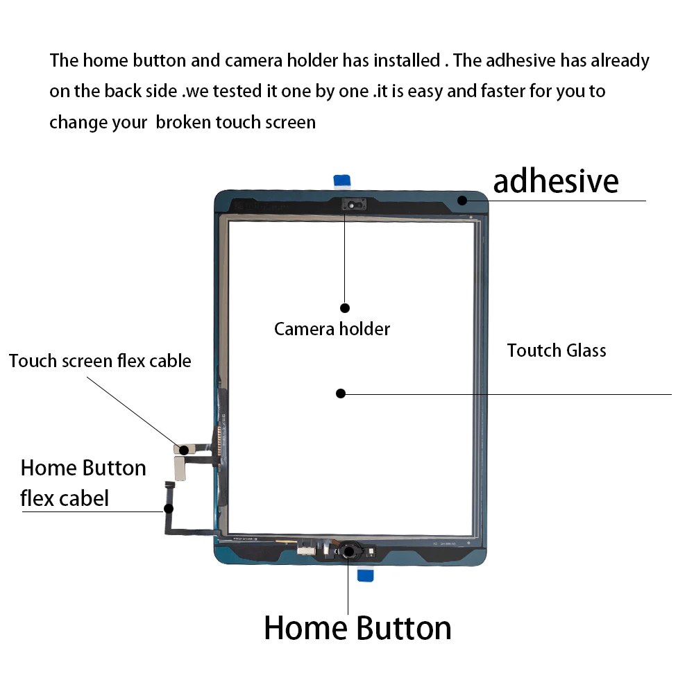 For iPad Air 1 Touch Screen Digitizer Glass A1474 A1475 A1476 with Home Button,Camera Holder,Adhesive,Tool Kit+Tempered Glass