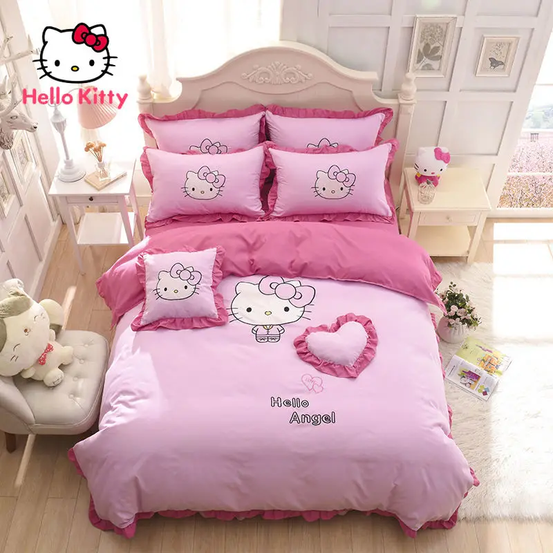 TAKARA TOMY Hello Kitty Cute Cartoon Children's Four-piece Girl Princess Room Dress Girl Lace Bed Linen Quilt Cover180-220CM