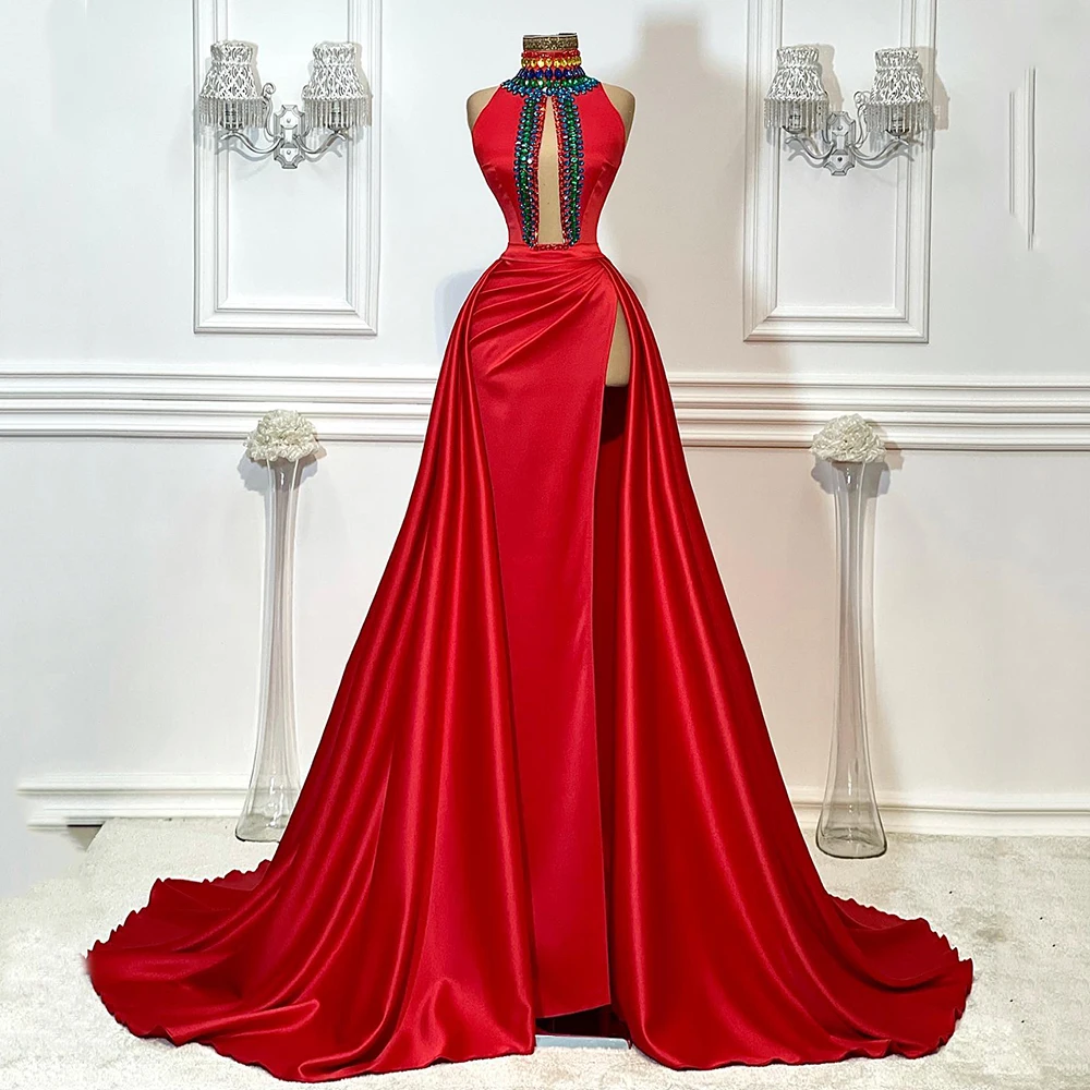 Yipeisha – robe de soirée longue en Satin rouge, col haut, fente haute, ligne A, à la mode, robe de spectacle