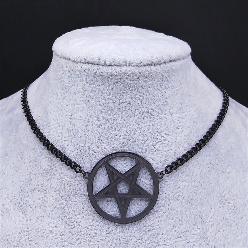 Satan Inverted Pentagram Stainless Steel Choker Necklaces for Women Black Color Chain Necklaces Jewelry bijoux femme N541BKS03