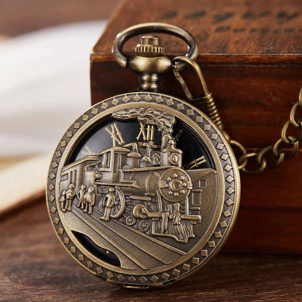 Retro Bronze Train Steampunk Mechanical Pocket Watch Metal Pendent Chain Classic Hand-Wind Vintage Pocket Fob Filp Watches Men