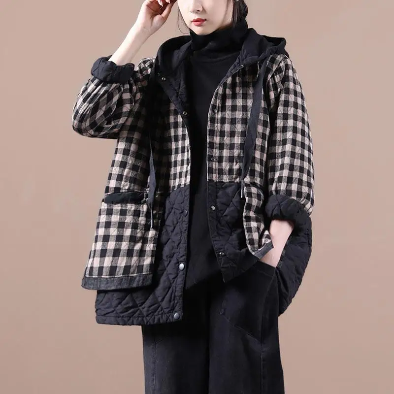 2025 Women's New Autumn Jacket Casual Harajuku Stitching Loose Street Plaid Hooded Jacket Women's Print Stitching Women Jacket