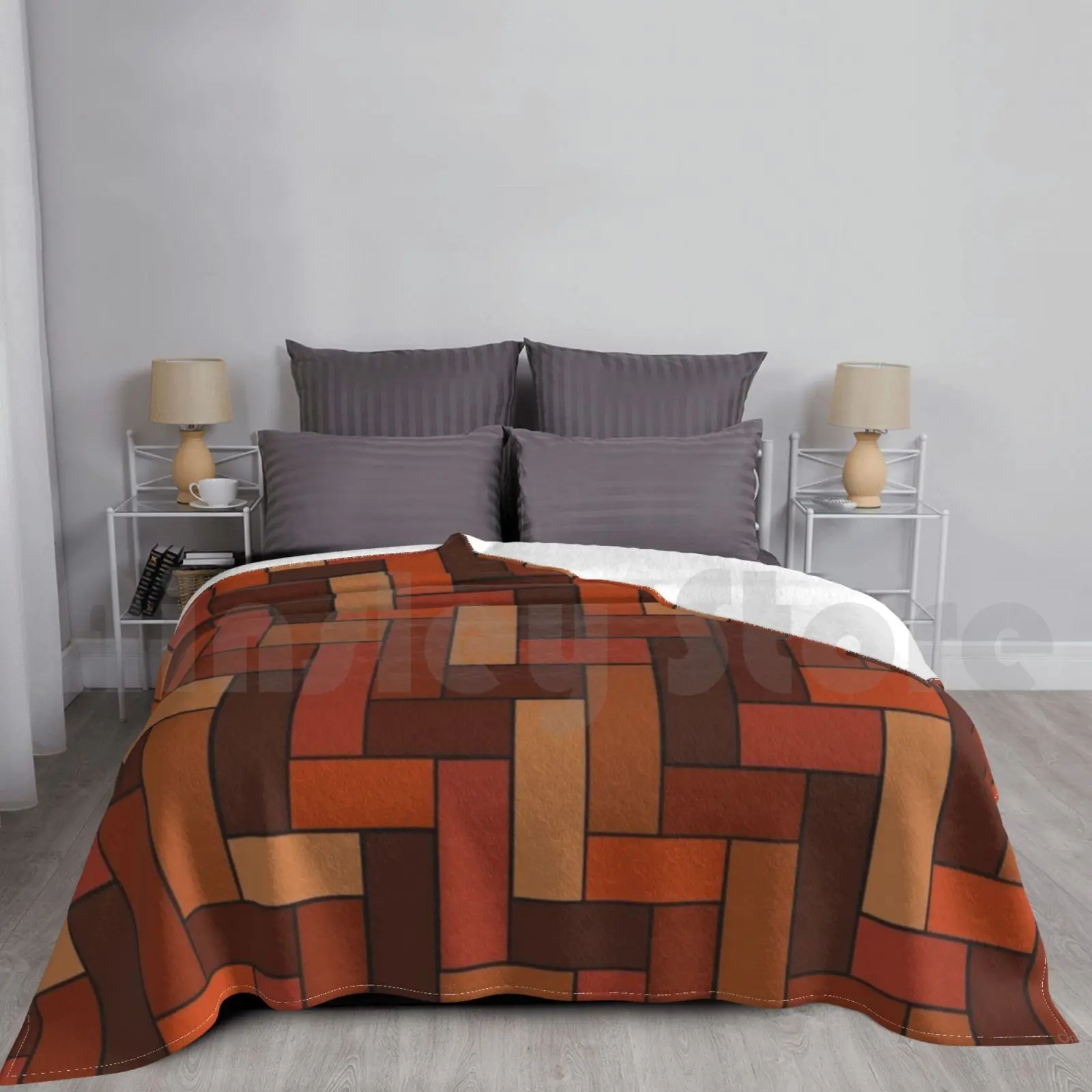 Geometric Tiles In Rust , Orange , Brown And Beige Blanket Super Soft Warm Light Thin Geometric Geometric Geometric Art