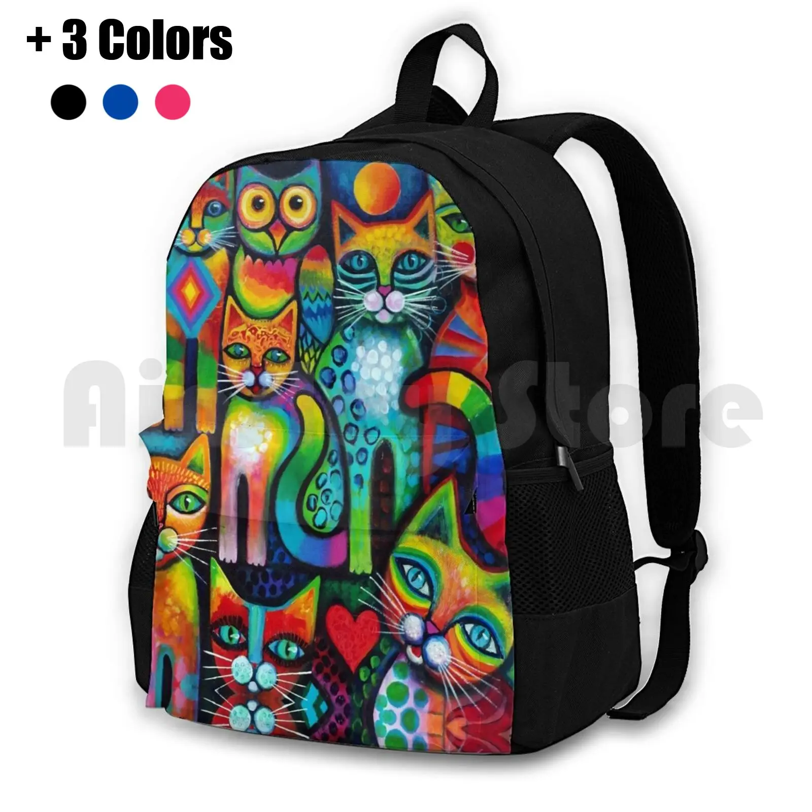 Owl And Pussicats Outdoor Hiking Backpack Waterproof Camping Travel Cats Acrylics Whimsical Animals Fantasy Colourful Felines