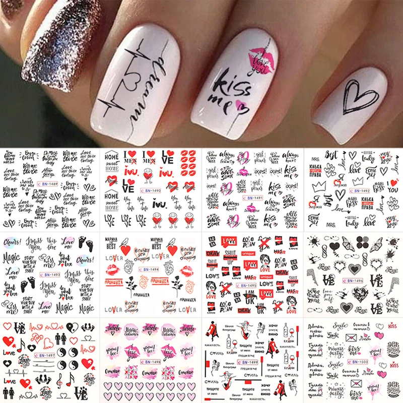 Black and White Love Letter Water Slider Stickers For Nails Sexy Girl Water Transfer Sticker Flower Leaf Manicuring Nail Supply