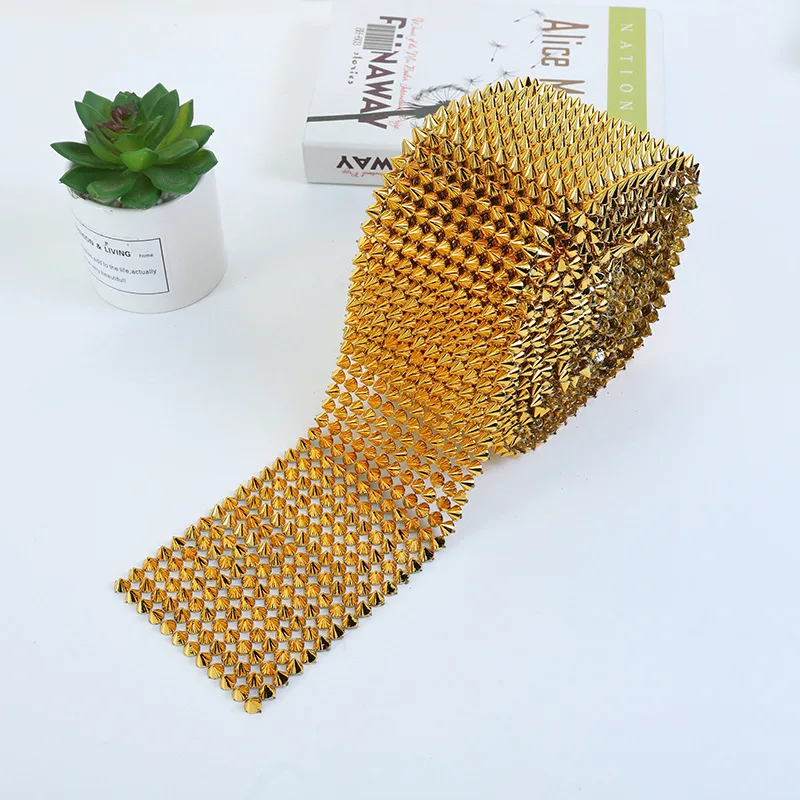 1Yards 12 Rows Gold/Silver Cone Rivet Bullet Stud Spike Punk Mesh Wrap Roll Ribbon for Craft DIY Decoration