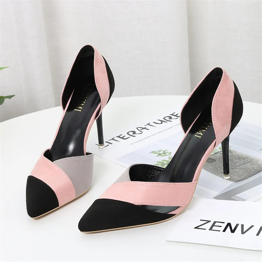 Summer Autumn Women Pumps Fashion High Heels Lady Dress Shoes Green Pink Female Flock Pointy Toe Sexy Hollow Woman Sandals Party