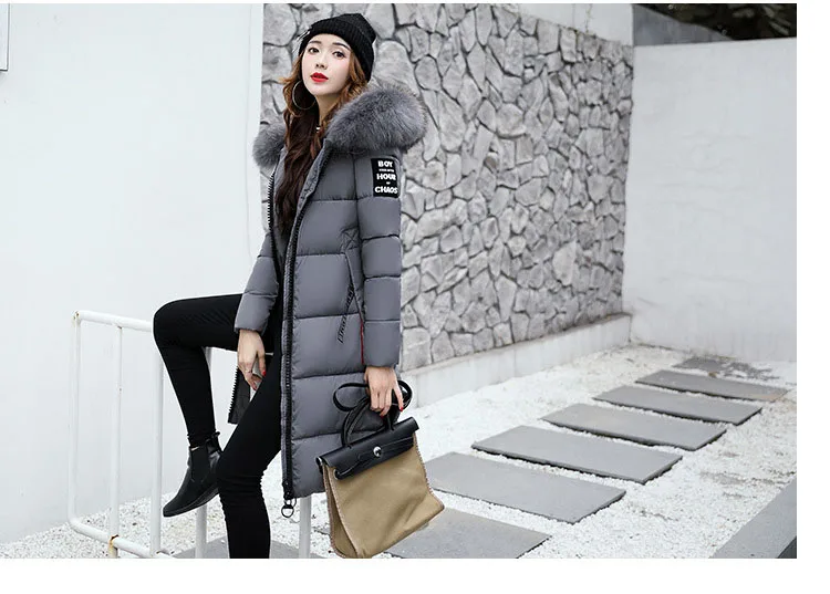 2025 Women's Down Parkas Winter Jacket Big Fur Collar Thick Slim Coat Fashion Hooded Cotton Outerwear Long Winter Woman Coat