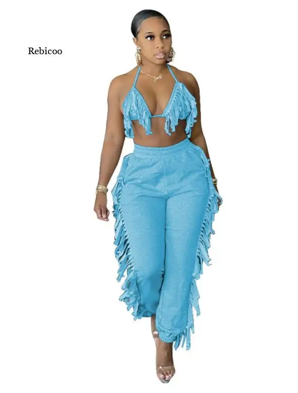 

Women's Summer New Style Solid Color Fashion Sexy Casual Tassel Sling Halter Two-Piece Suit
