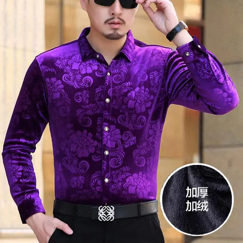 

Luxury Burgundy Velvet Shirts For Mens Velour Royal Blue Work Man Clothes Flannel Flower Print Red Dinner Party Wear Gentleman