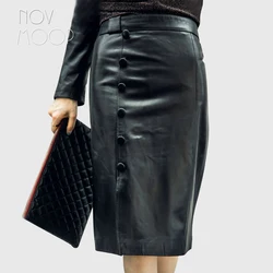 Novmoop high street fashion style black color sheepskin genuine leather mid-length hip skirt with button decor spodnica LT2982