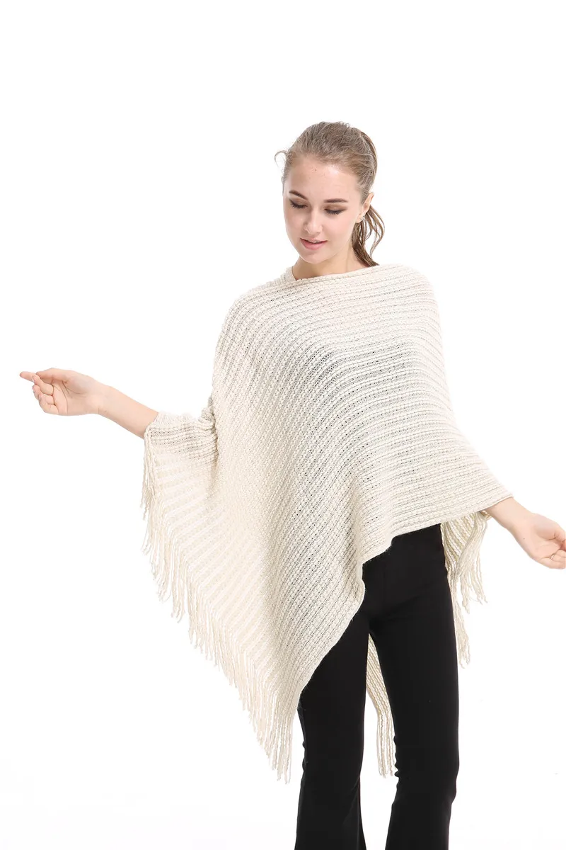 Z dzianiny w stylu Casual kobiety Poncho Plus gładki szal sweter w paski zima Tassel cienka wiosenna swetry rękaw w kształcie skrzydła nietoperza Poncho i Cape