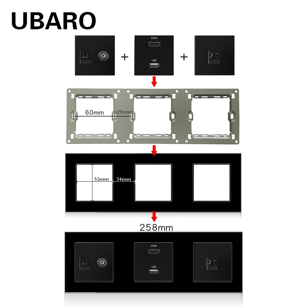 UBARO EU 52*52mm Black Socket USB Type C  RJ45  RJ11 TV HDMI Induction Led Foot Lamp Multi Types Module DIY Installation Squrare