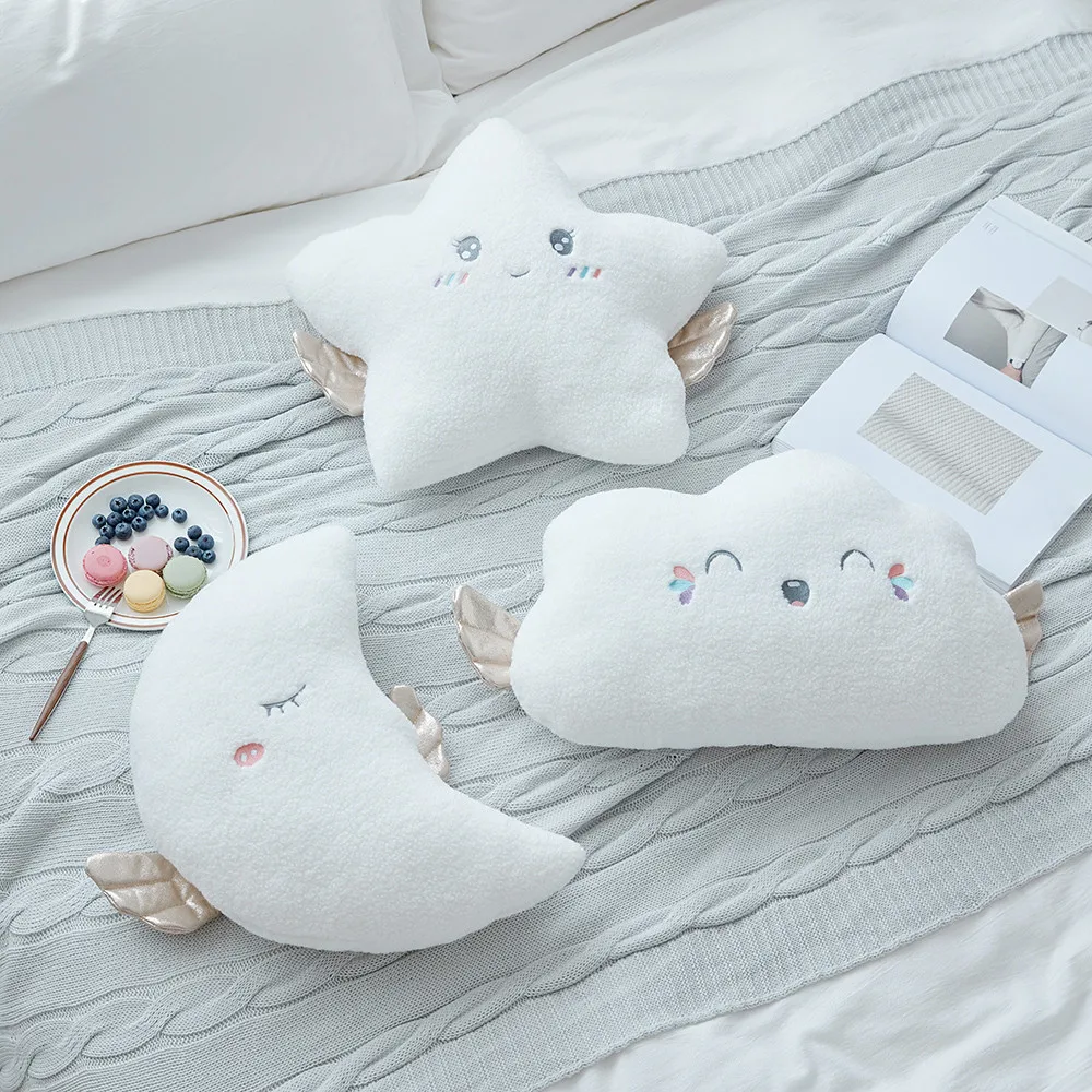 New White Cloud Moon Star Plush Pillow White Cloud Soft Cushion Bed Head Oad Decoration Angel Plush Doll toys Girl Gift