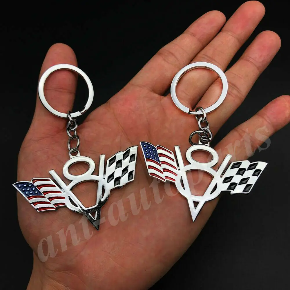 

2pcs Metal Chrome Car V8 Vintage USA Flag Key Ring Chain Fob Emblem Badge