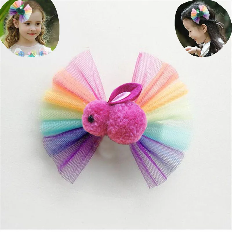 2022 NEW Easter Bunny Rainbow Net Yarn Bow Hairpin 4 INCH HAIR BOWS FOR Baby Girls Children's bow Hairpin Hair Clips