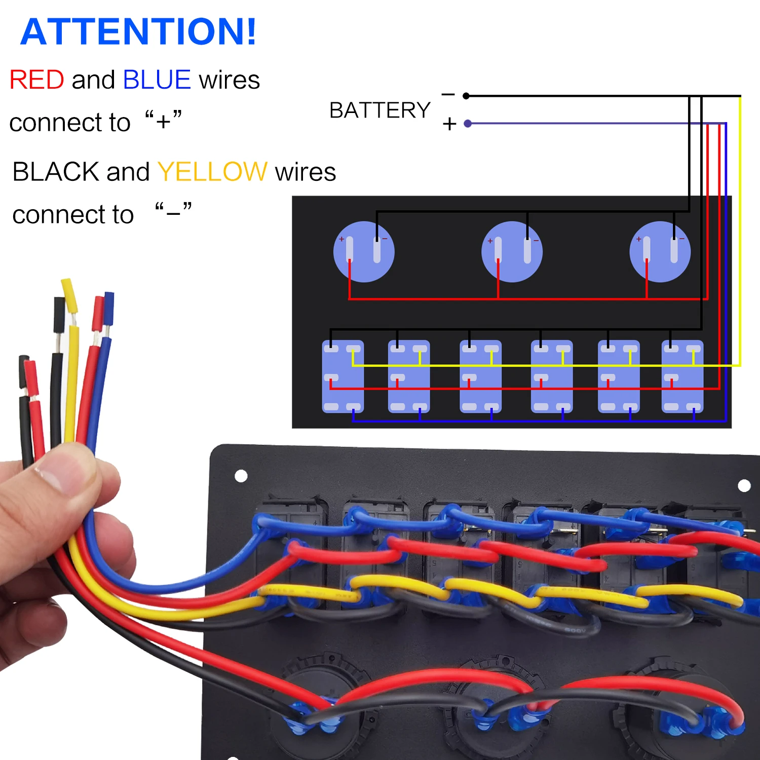 미국 국기 패턴이있는 6 갱 방수 스위치 패널 자동차 용 USB 차량용 충전기 및 전압계 및 전원 소켓이있는 6Pin ON/Off 스위치