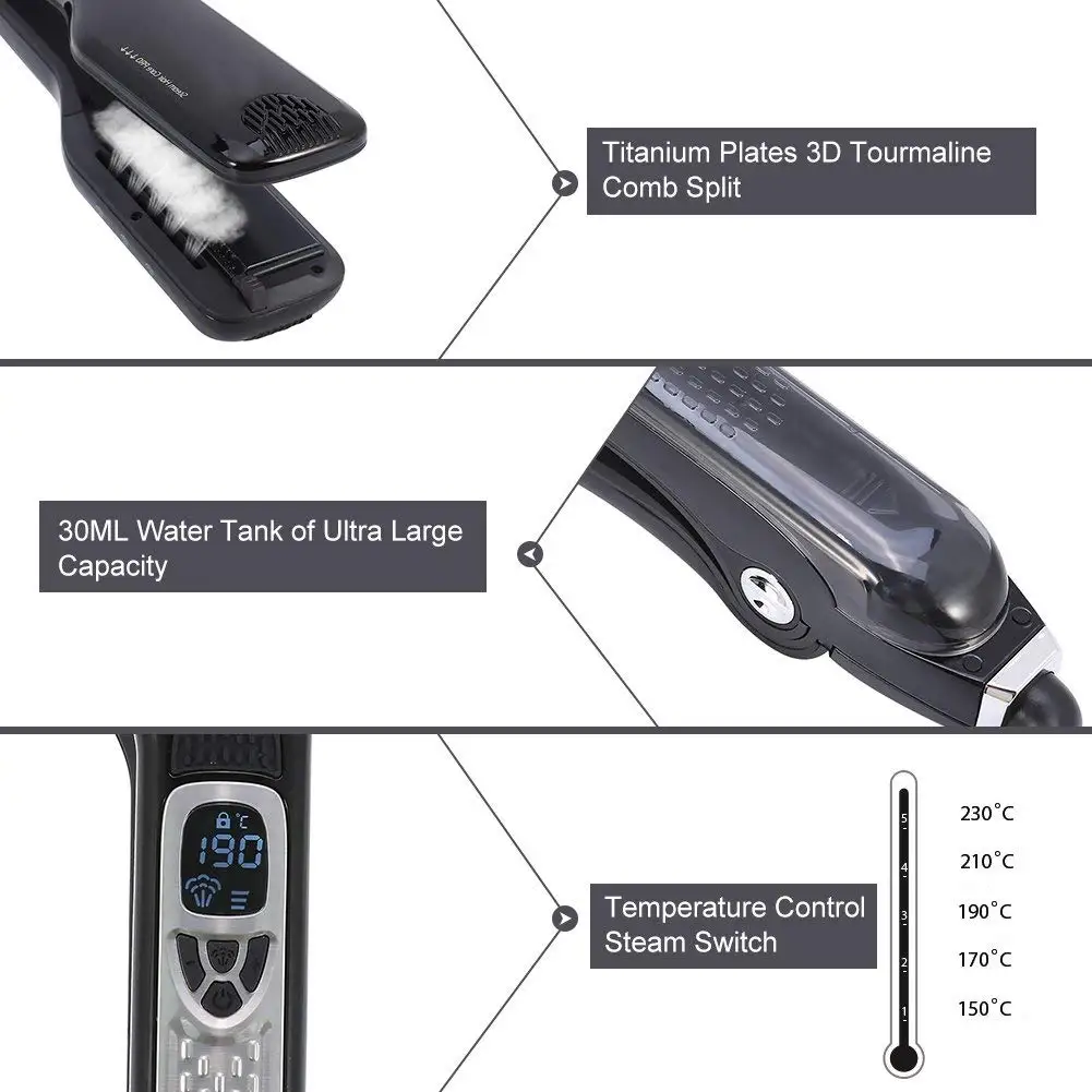 Professional Dual-Voltage Titanium Steam Hair Straightener with Wide Plates, Temperature Control, and Multi-Style Function