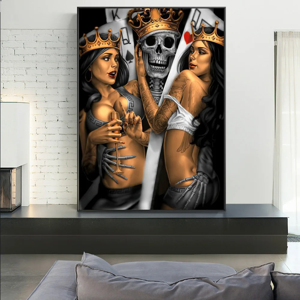 Skull King And Queen Cards Art Posters And Prints Poker Girl Canvas Wall Painting For Living Room Home Decor Mural Pictures