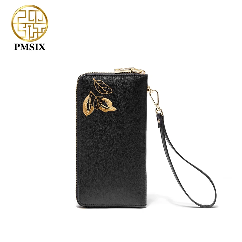 PMSIX Fashion Women Wallets Long Embroidery Genuine Leather Wallet Female Zipper Clutch Coin Purse Ladies Wristlet 2021