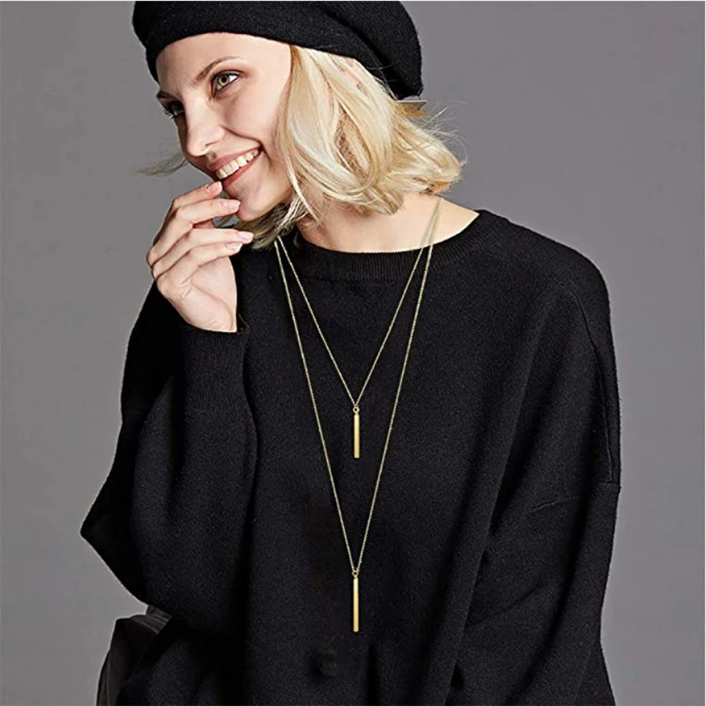 Two layers  bar Pendant Silver color gold color Metal plated Chain Women sweater Necklace