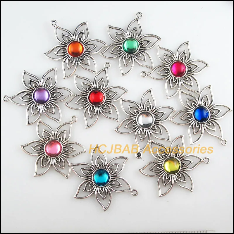 10 New Round Charms Mixed Acrylic SunFlower Connectors Tibetan Silver Tone 37.5x47mm