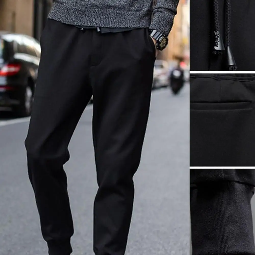 Casual Pencil Pants Men Drawstring Pockets Sports Pants Waist Ankle Tied Fitness Long Pencil Pants