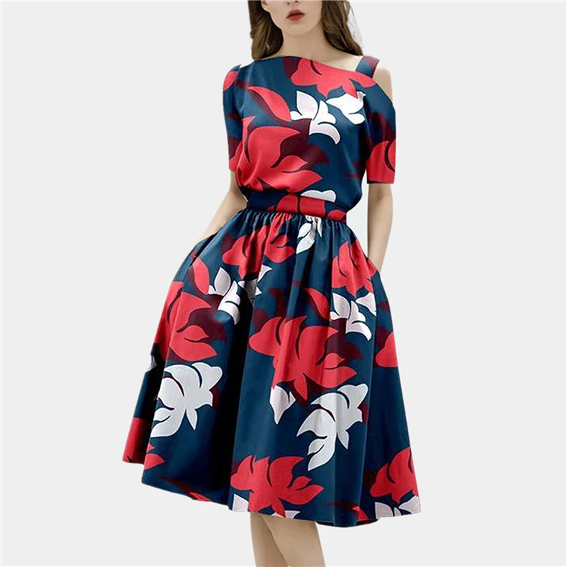 Women 2021 Summer Fashion Slash Neck Dew  Short Sleeve Flower Printed  Waisted Slim Draped A Line Office Party Knee Lenght Dress