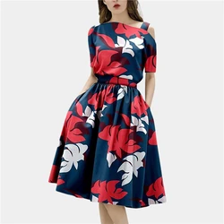 Women 2021 Summer Fashion Slash Neck Dew  Short Sleeve Flower Printed  Waisted Slim Draped A Line Office Party Knee Lenght Dress