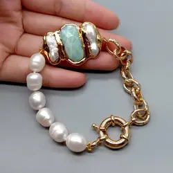 YYGEM natural White Rice Freshwater Pearl Gold Filled Amazonite Biwa Pearl Chain Bracelet  8