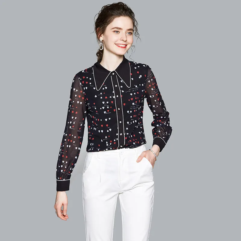 Vintage Women Runway Blouses 2021 Spring Summer Long Sleeve Black Mesh Stitching Love Printed Shirts Korean Clothes