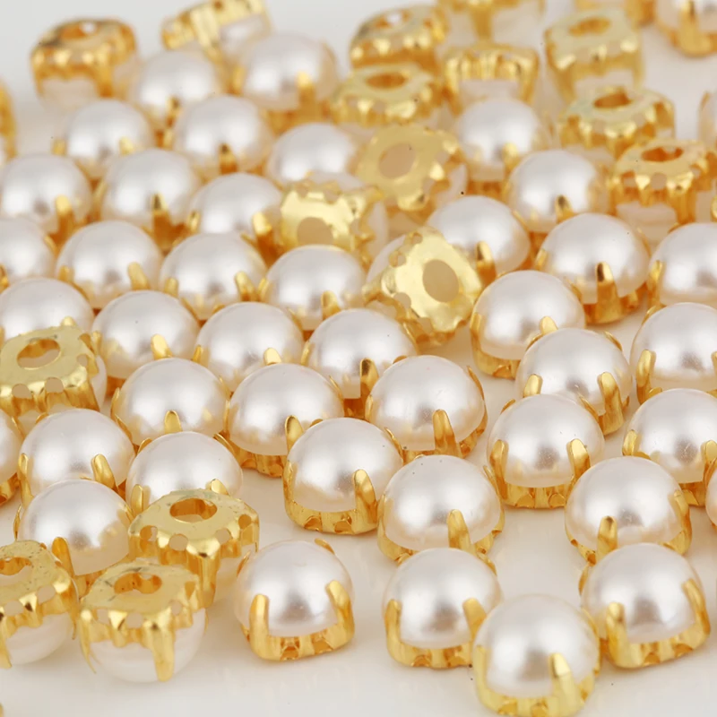 8mm Gold Round Sew On Pearl Rhinestone Flatback Sewing Ivory Pearl Rhinestone With Claw DIY For Dresses Decoration