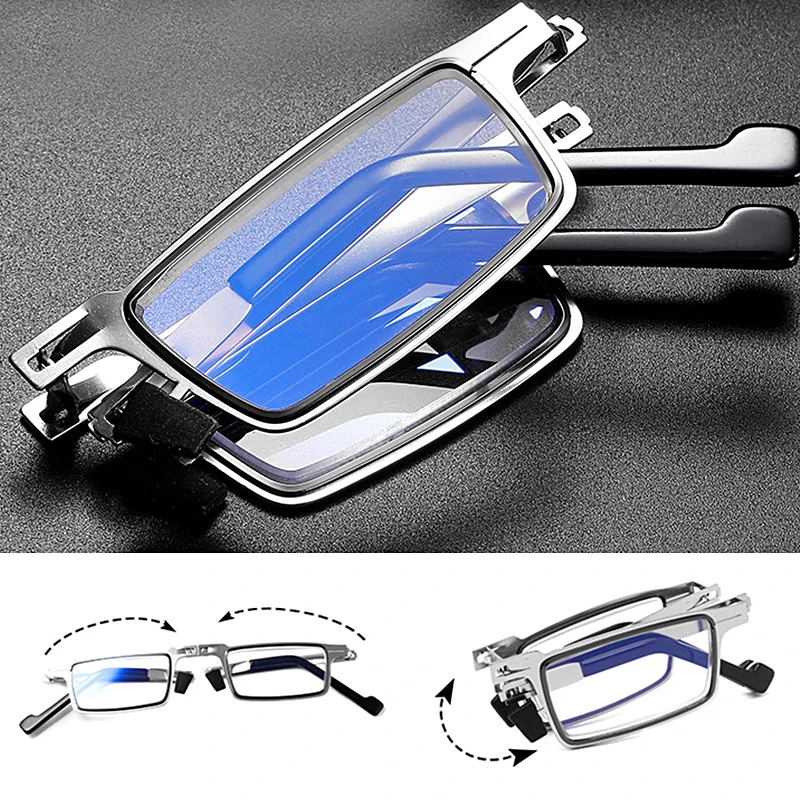 

Fashionable Folding Reading Glasses for Men Women Presbyopia Anti Blue Light Portable Rectangular Full Frame Stainless Steel