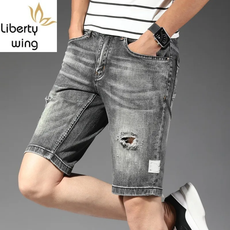 

Male Jeans Summer Korean Fashion Straight High Street Casual Biker Shorts Zipper Slim Hole Ripped Vintage Denim Trouser Man