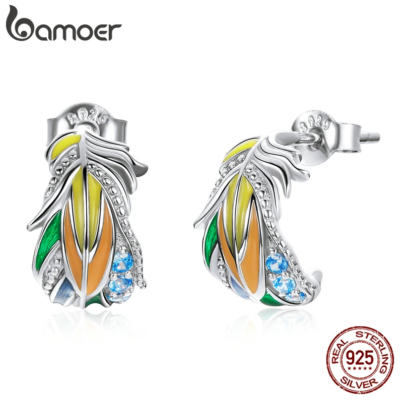 bamoer Authentic 925 Sterling Silver Colored Style Feathers Stud Earrings Unique Fashion Jewelry for Women Men Design SCE1128