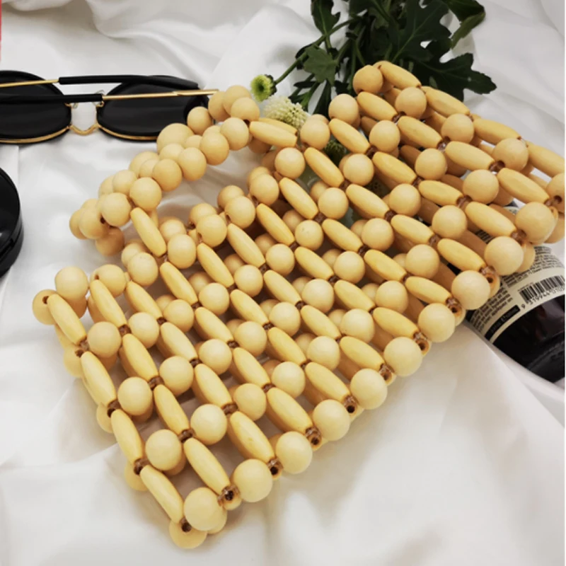 Vintage wooden Beaded Shoulder Handbag Fashion High Quality Women Bag Summer Beach Bag Small Square Bag